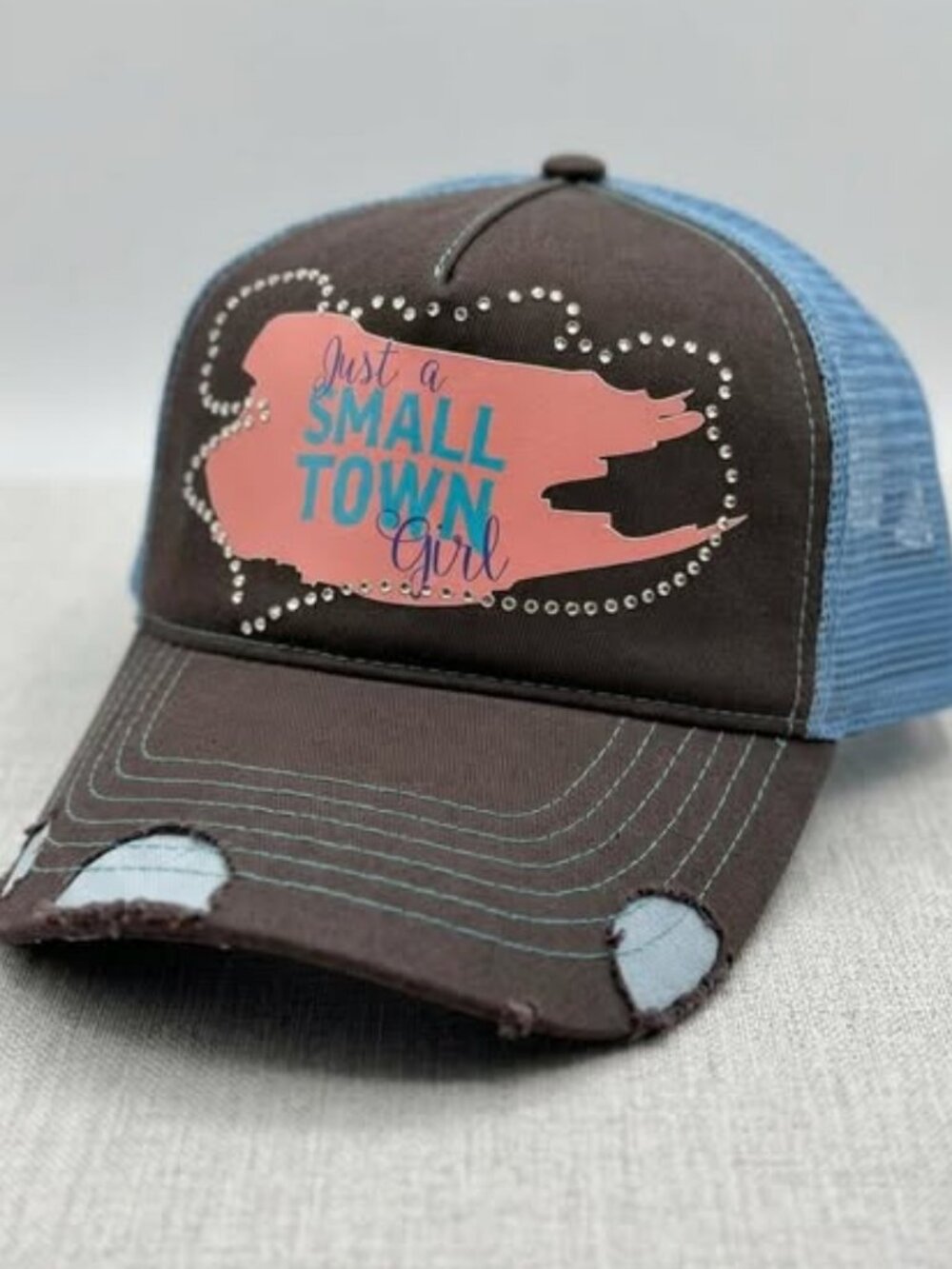 Women's "Just a Small Town Girl" Rhinestone Distressed Trucker Cap